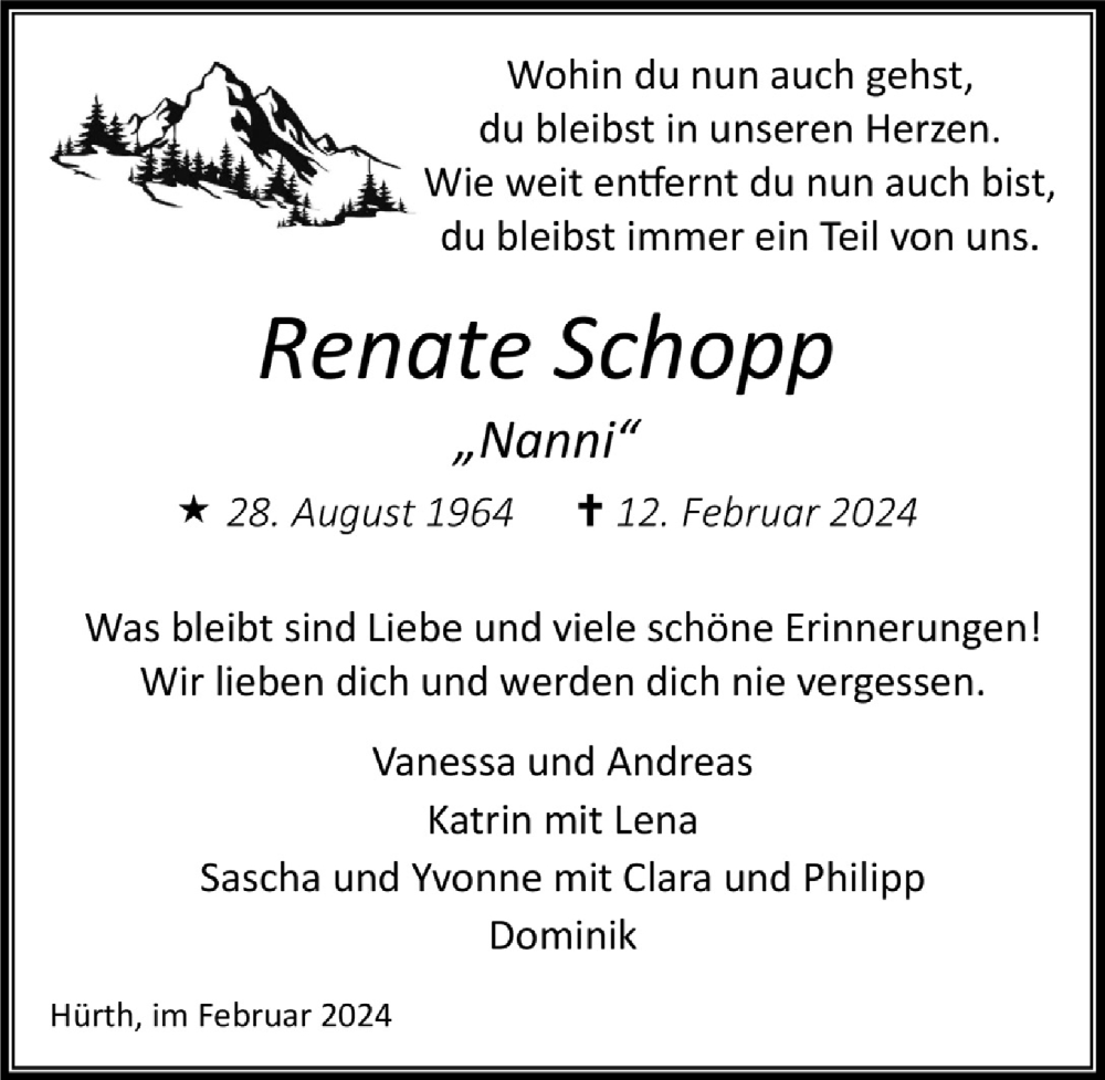  Traueranzeige für Renate Schopp vom 23.02.2024 aus  Wochenende 