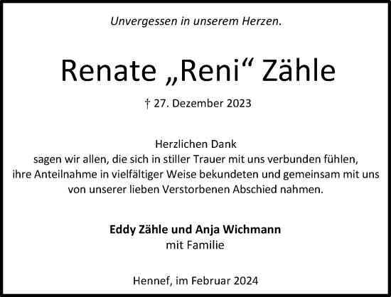 Anzeige von Renate Zähle von Kölner Stadt-Anzeiger / Kölnische Rundschau / Express