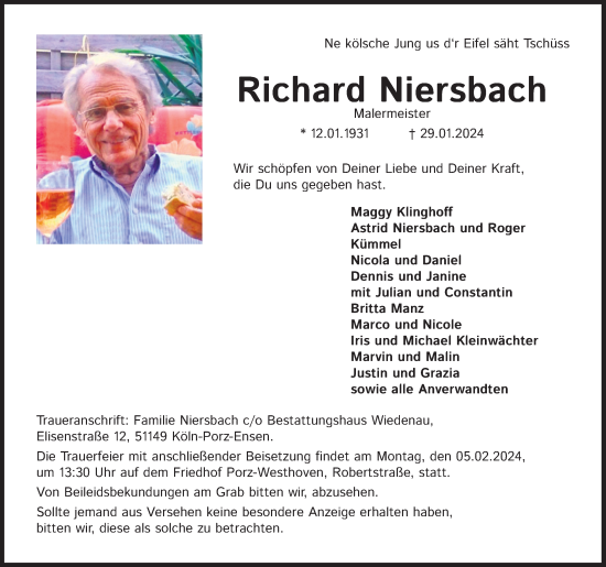 Anzeige von Richard Niersbach von Kölner Stadt-Anzeiger / Kölnische Rundschau / Express