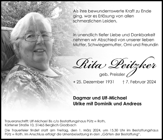 Anzeige von Rita Peitzker von  Bergisches Handelsblatt 
