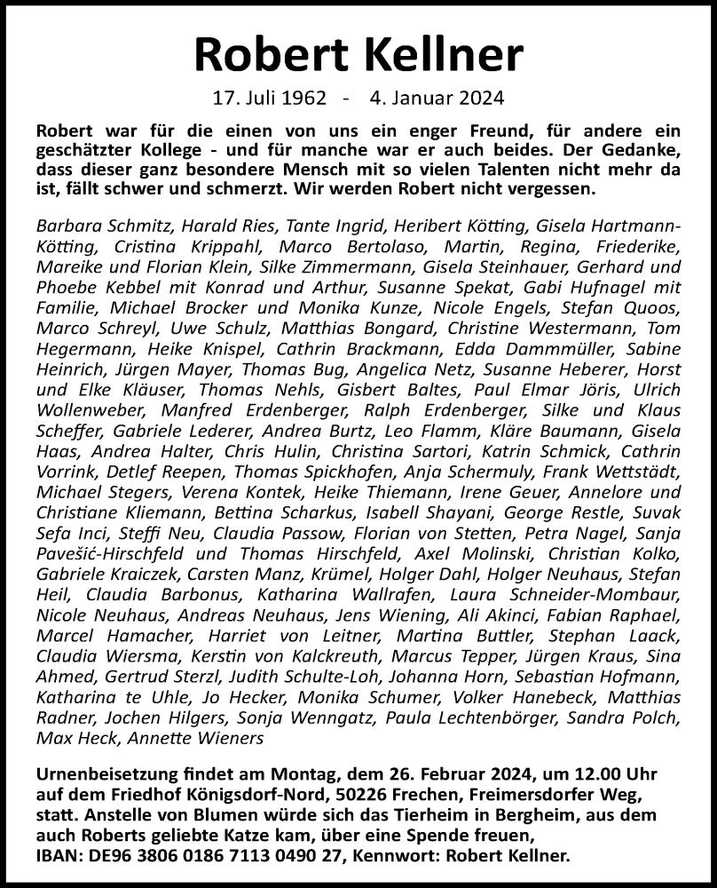  Traueranzeige für Robert Kellner vom 17.02.2024 aus Kölner Stadt-Anzeiger / Kölnische Rundschau / Express