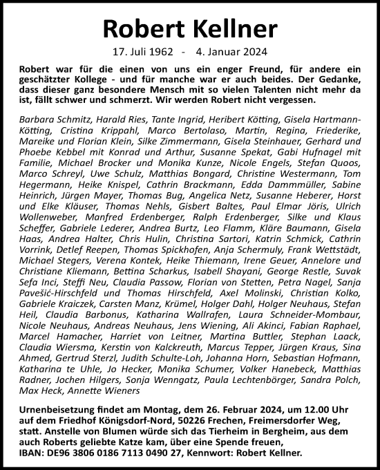Anzeige von Robert Kellner von Kölner Stadt-Anzeiger / Kölnische Rundschau / Express