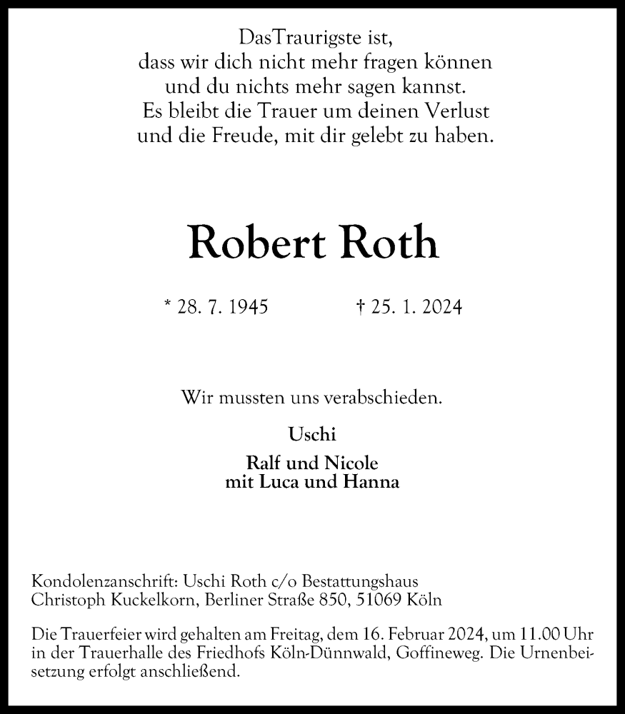  Traueranzeige für Robert Roth vom 10.02.2024 aus Kölner Stadt-Anzeiger / Kölnische Rundschau / Express