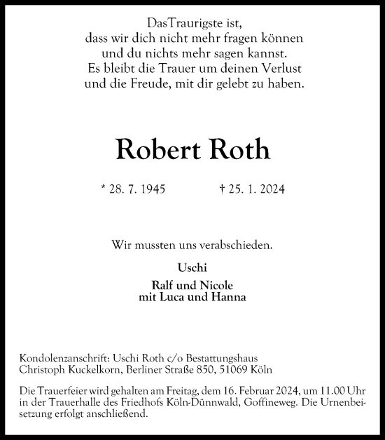 Anzeige von Robert Roth von Kölner Stadt-Anzeiger / Kölnische Rundschau / Express