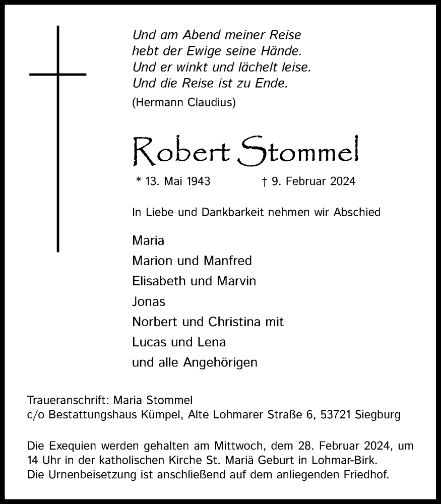  Traueranzeige für Robert Stommel vom 17.02.2024 aus Kölner Stadt-Anzeiger / Kölnische Rundschau / Express