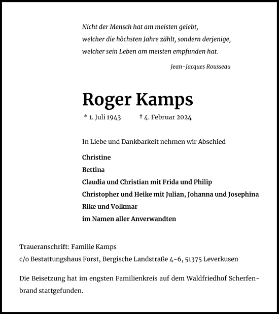 Anzeige von Roger Kamps von Kölner Stadt-Anzeiger / Kölnische Rundschau / Express