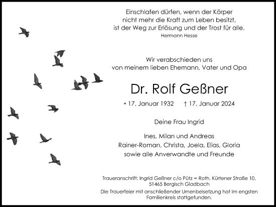 Anzeige von Rolf Geßner von Kölner Stadt-Anzeiger / Kölnische Rundschau / Express