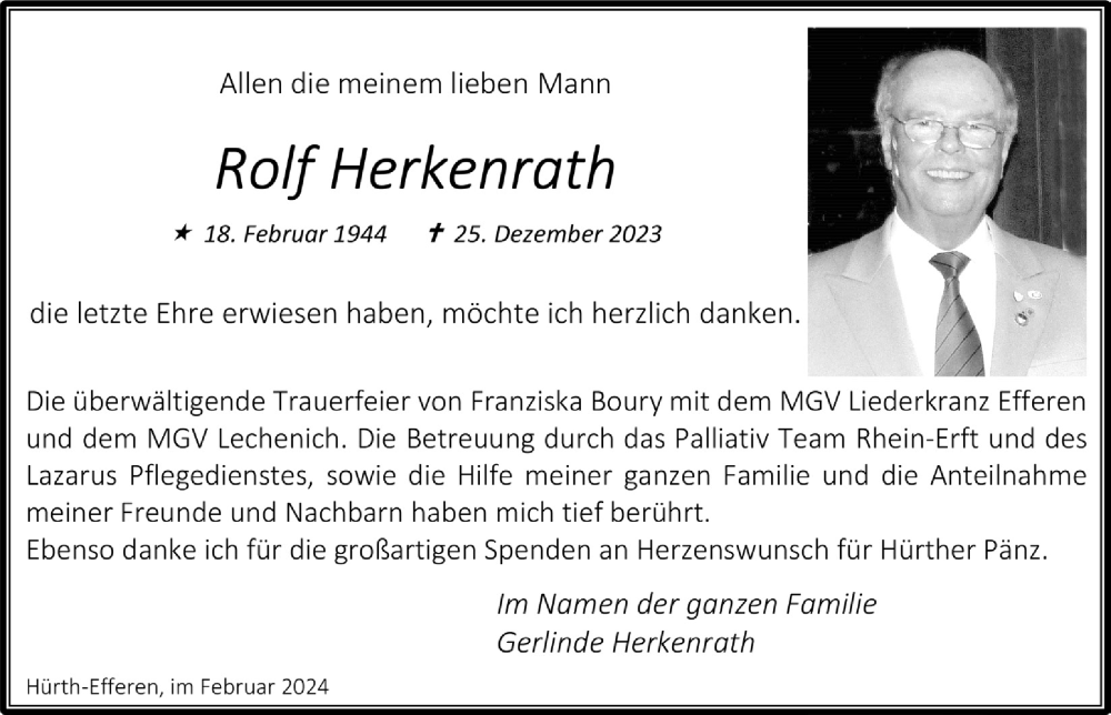  Traueranzeige für Rolf Herkenrath vom 09.02.2024 aus  Wochenende 