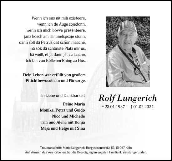 Anzeige von Rolf Lungerich von Kölner Stadt-Anzeiger / Kölnische Rundschau / Express