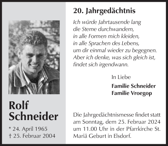 Anzeige von Rolf Schneider von  Werbepost 