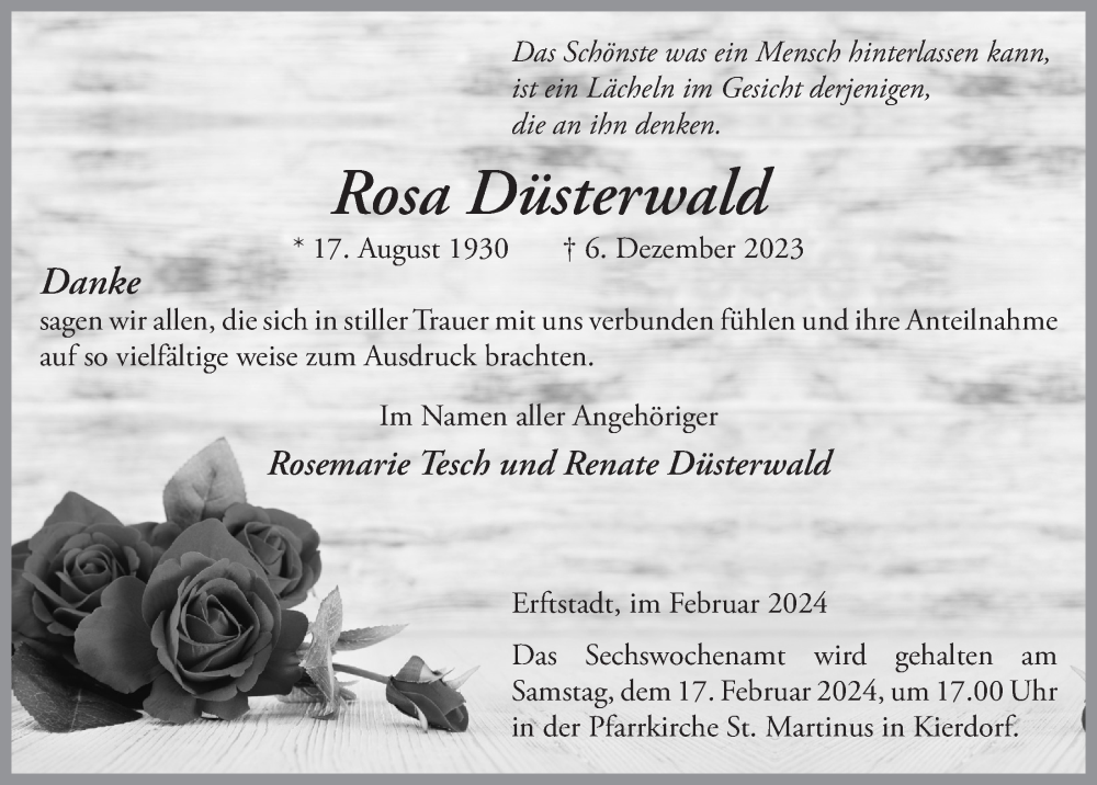  Traueranzeige für Rosa Düsterwald vom 02.02.2024 aus  Werbepost 