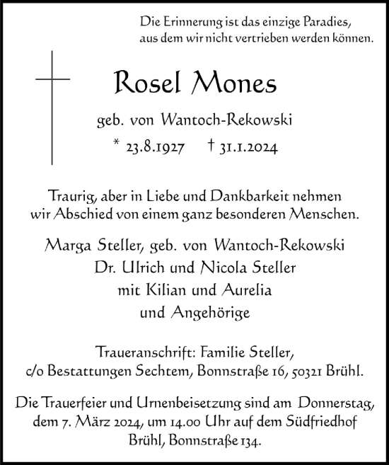 Anzeige von Rosel Mones von  Schlossbote/Werbekurier 