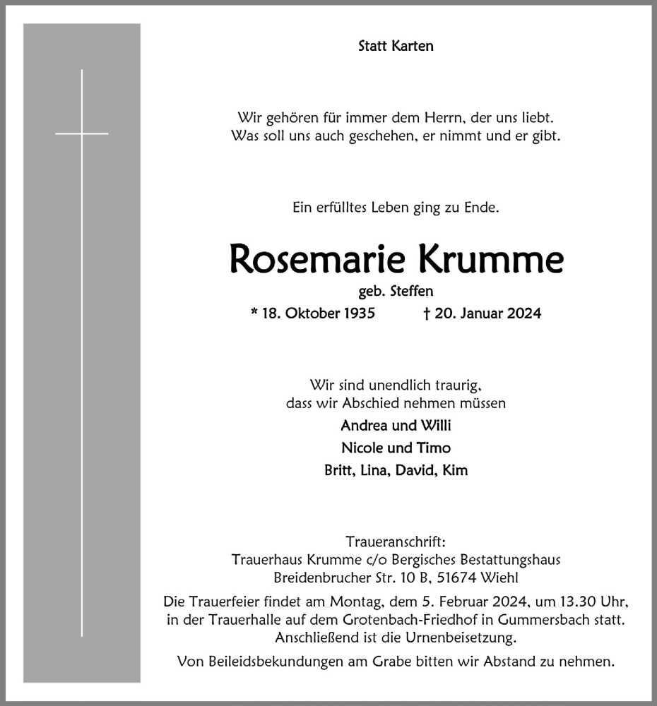  Traueranzeige für Rosemarie Krumme vom 02.02.2024 aus  Anzeigen Echo 