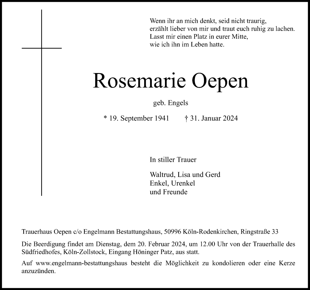  Traueranzeige für Rosemarie Oepen vom 17.02.2024 aus Kölner Stadt-Anzeiger / Kölnische Rundschau / Express