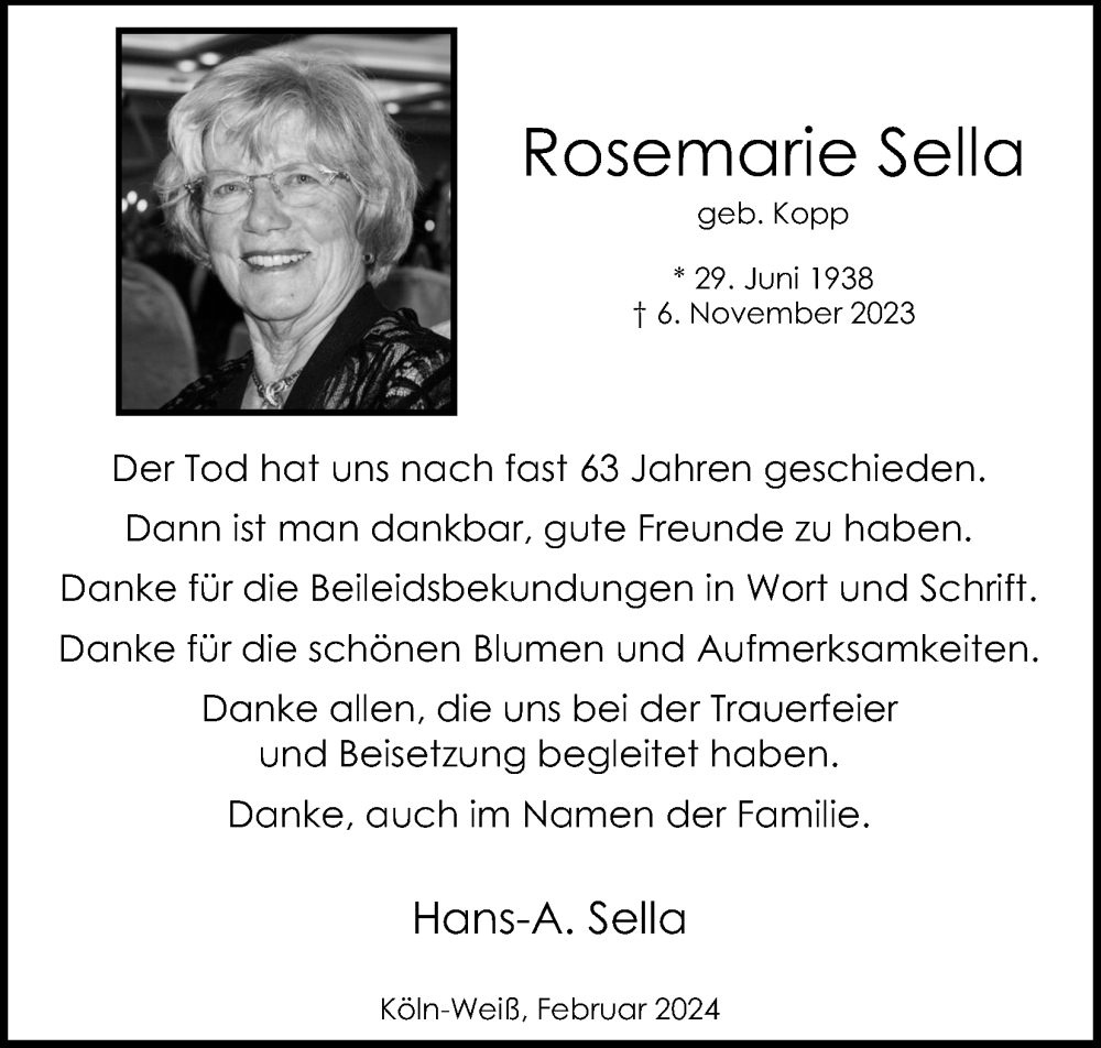  Traueranzeige für Rosemarie Sella vom 17.02.2024 aus Kölner Stadt-Anzeiger / Kölnische Rundschau / Express