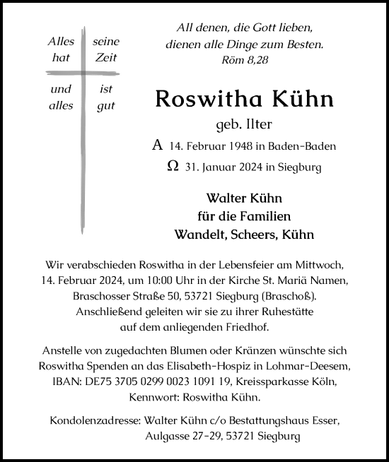 Anzeige von Roswitha Kühn von Kölner Stadt-Anzeiger / Kölnische Rundschau / Express