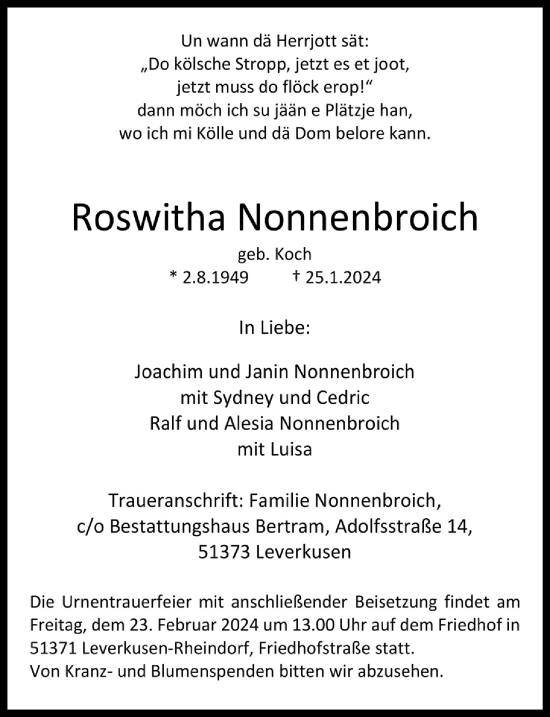 Anzeige von Roswitha Nonnenbroich von  Lokale Informationen 