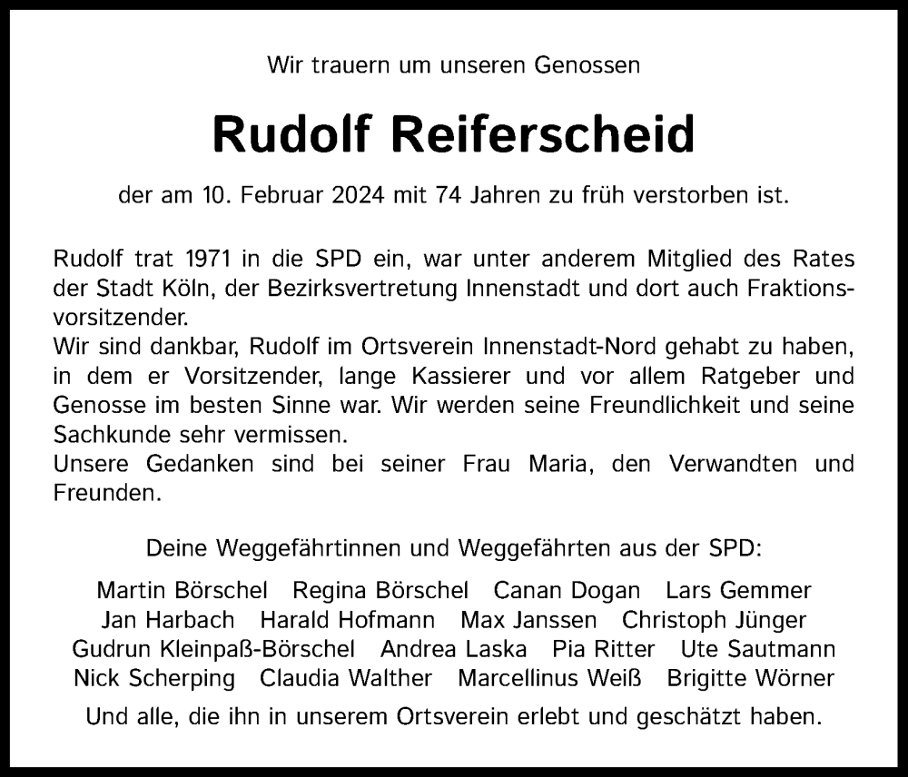  Traueranzeige für Rudolf Reiferscheid vom 17.02.2024 aus Kölner Stadt-Anzeiger / Kölnische Rundschau / Express
