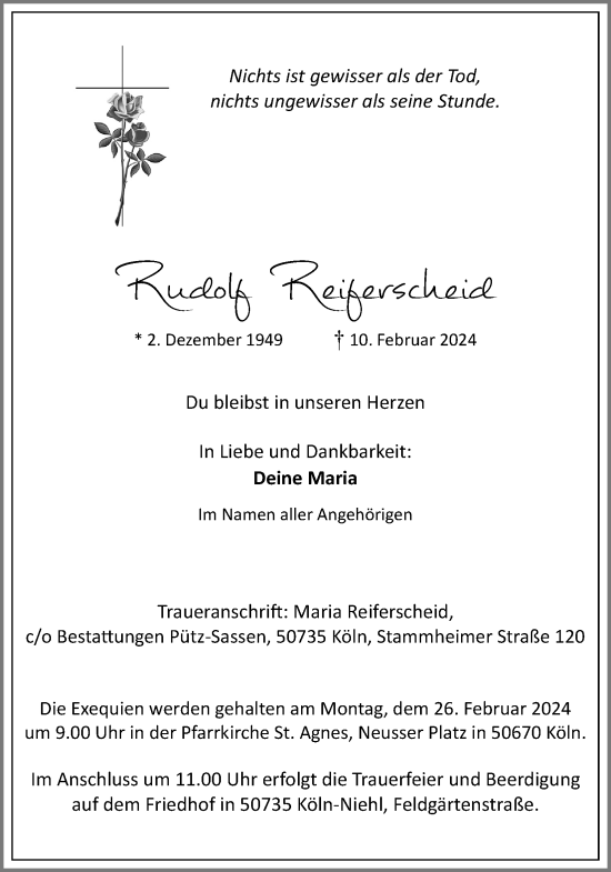 Anzeige von Rudolf Reiferscheid von Kölner Stadt-Anzeiger / Kölnische Rundschau / Express