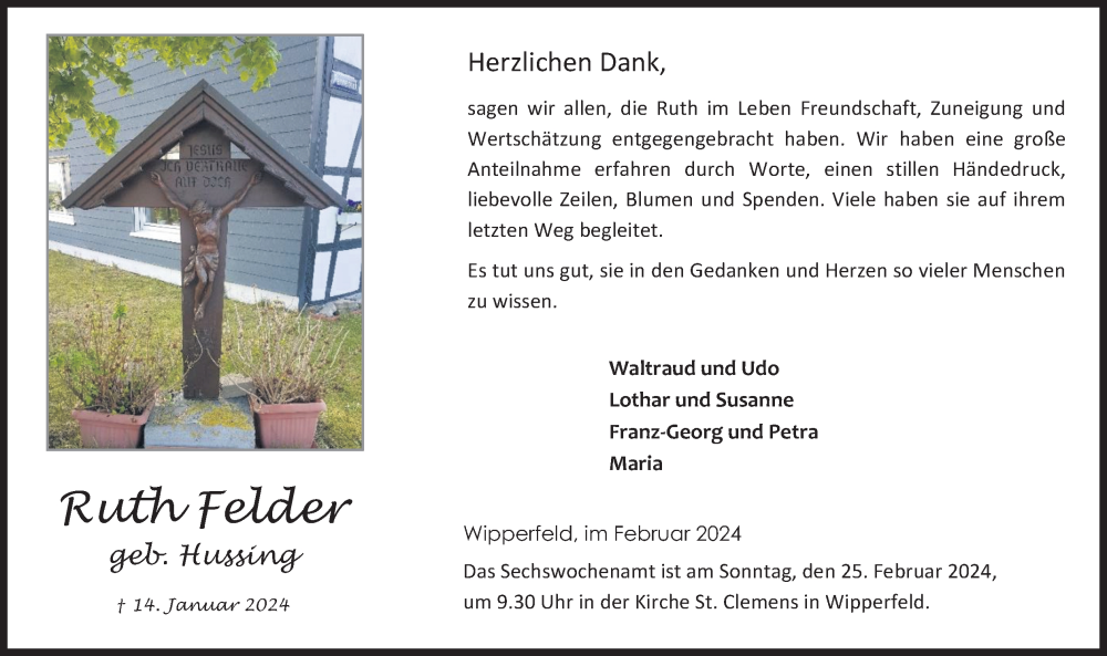  Traueranzeige für Ruth Felder vom 21.02.2024 aus Kölner Stadt-Anzeiger / Kölnische Rundschau / Express