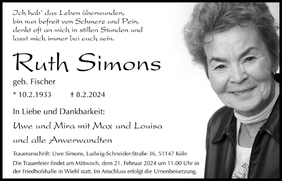 Anzeige von Ruth Simons von  Anzeigen Echo 