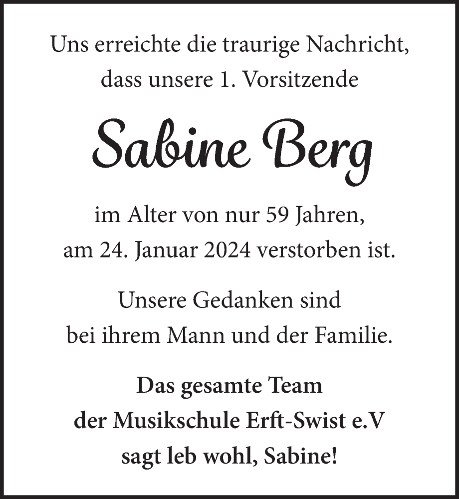  Traueranzeige für Sabine Berg vom 03.02.2024 aus  Blickpunkt Euskirchen 