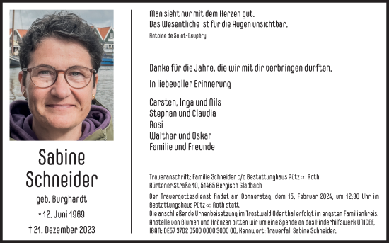 Anzeige von Sabine Schneider von Kölner Stadt-Anzeiger / Kölnische Rundschau / Express
