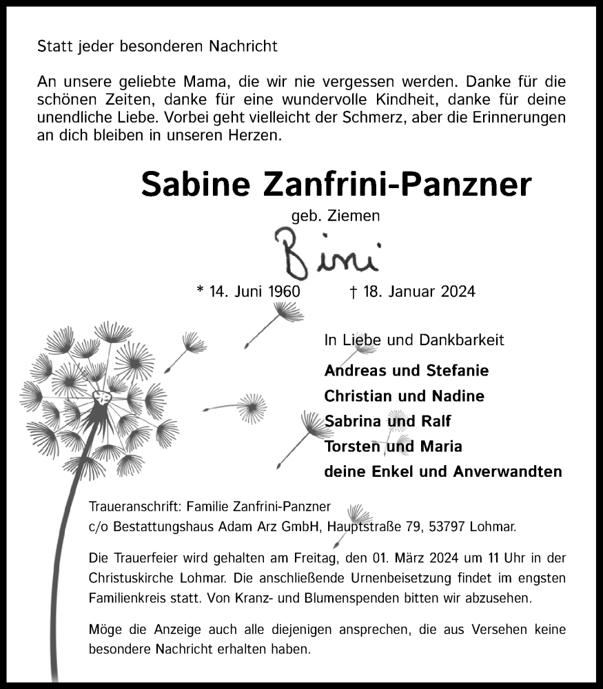  Traueranzeige für Sabine Zanfrini-Panzner vom 24.02.2024 aus Kölner Stadt-Anzeiger / Kölnische Rundschau / Express