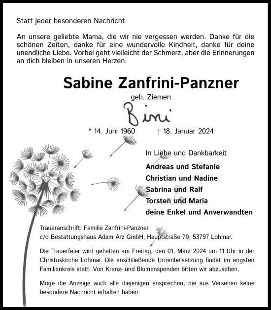 Anzeige von Sabine Zanfrini-Panzner von Kölner Stadt-Anzeiger / Kölnische Rundschau / Express