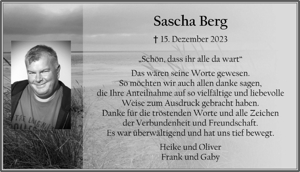  Traueranzeige für Sascha Berg vom 01.03.2024 aus  Werbepost 