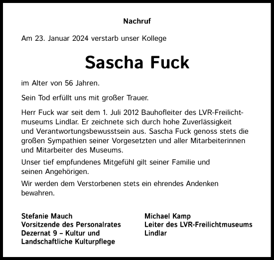 Anzeige von Sascha Fuck von Kölner Stadt-Anzeiger / Kölnische Rundschau / Express