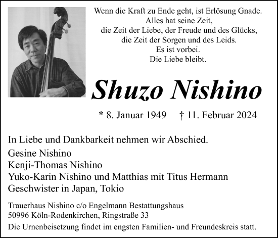 Anzeige von Shuzo Nishino von Kölner Stadt-Anzeiger / Kölnische Rundschau / Express