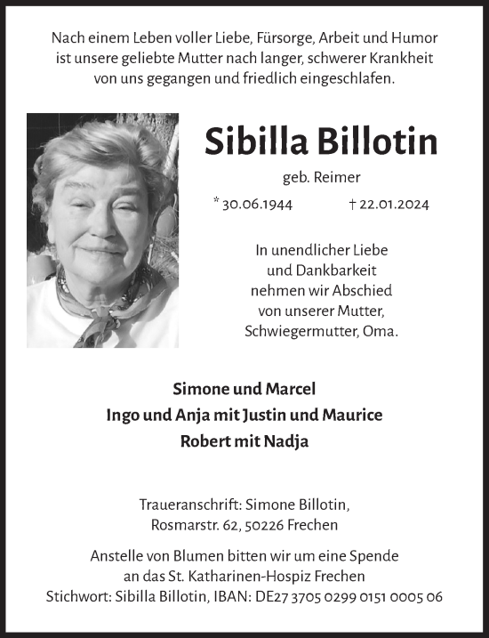 Anzeige von Sibilla Billotin von  Wochenende 