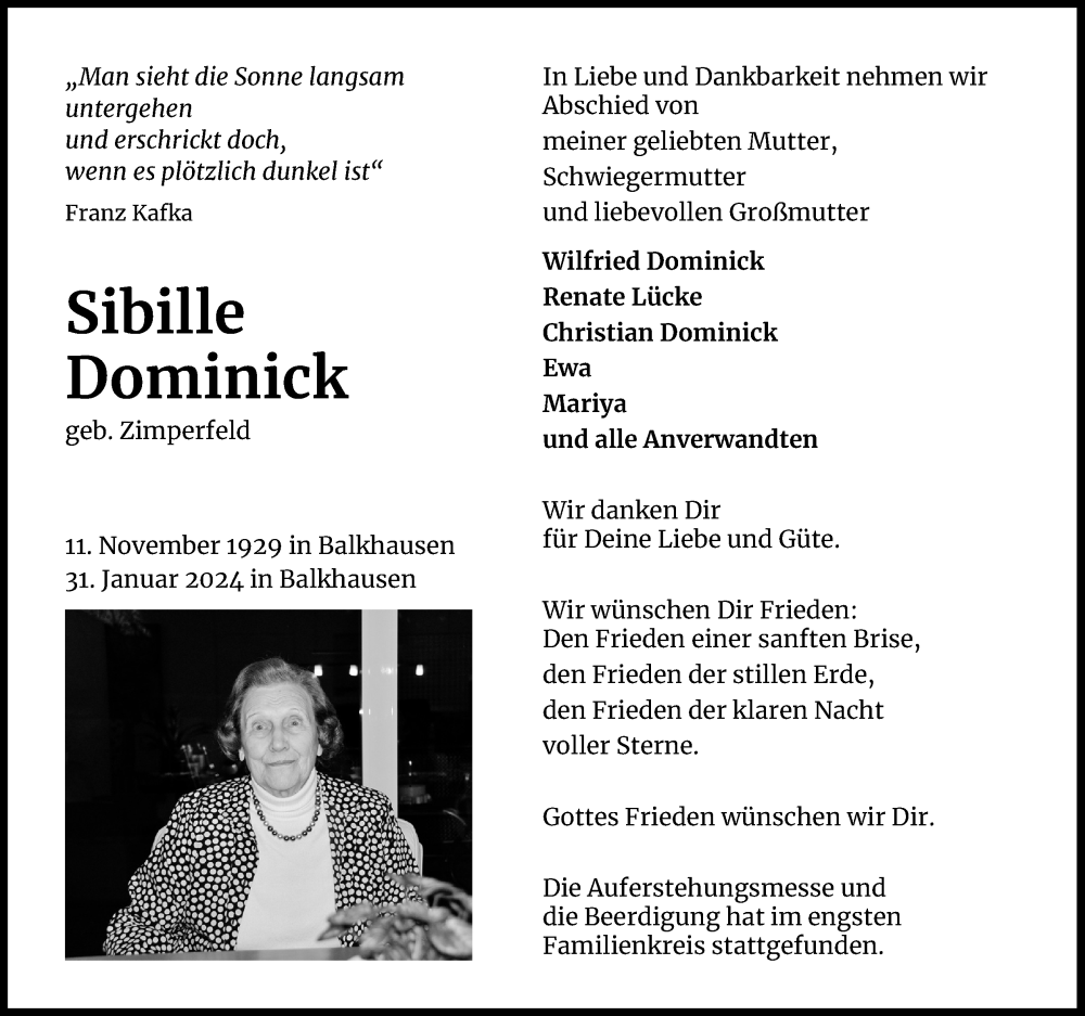  Traueranzeige für Sibille Dominick vom 17.02.2024 aus Kölner Stadt-Anzeiger / Kölnische Rundschau / Express