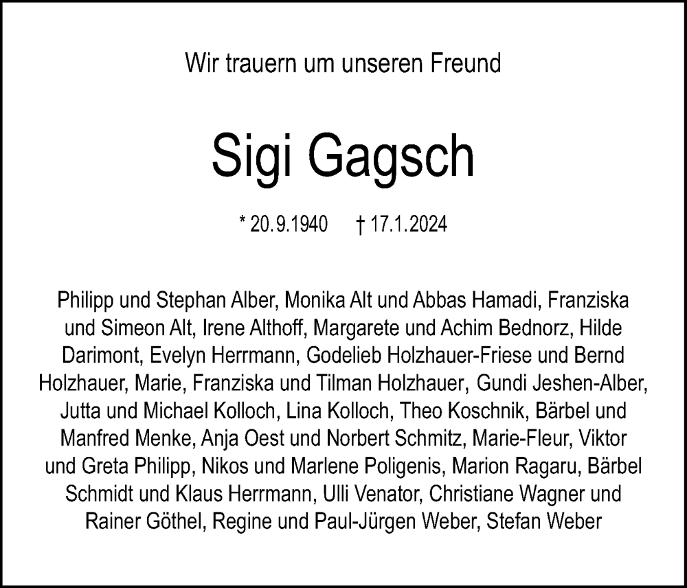  Traueranzeige für Siegfried Gagsch vom 03.02.2024 aus Kölner Stadt-Anzeiger / Kölnische Rundschau / Express