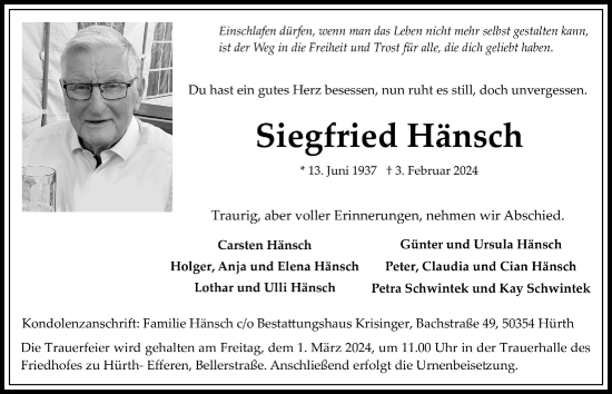 Anzeige von Siegfried Hänsch von  Wochenende 