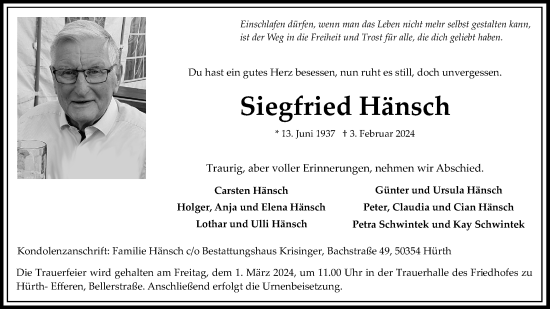 Anzeige von Siegfried Hänsch von Kölner Stadt-Anzeiger / Kölnische Rundschau / Express