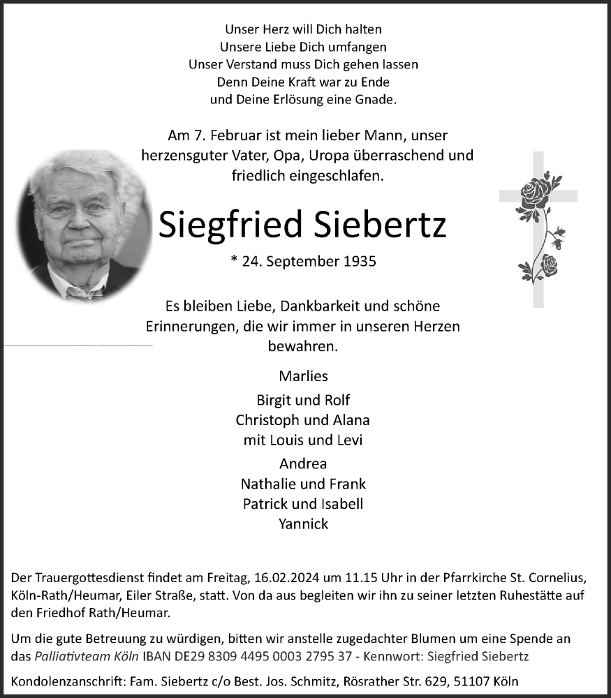  Traueranzeige für Siegfried Siebertz vom 10.02.2024 aus Kölner Stadt-Anzeiger / Kölnische Rundschau / Express
