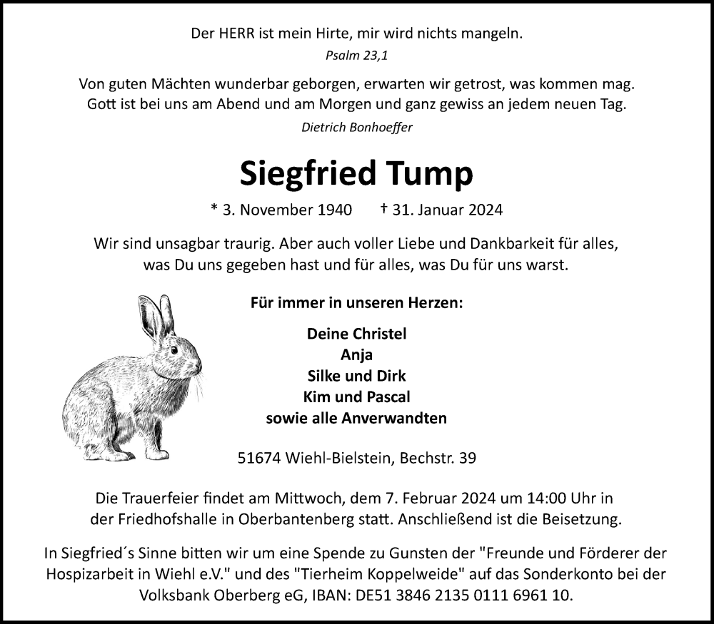  Traueranzeige für Siegfried Tump vom 03.02.2024 aus Kölner Stadt-Anzeiger / Kölnische Rundschau / Express