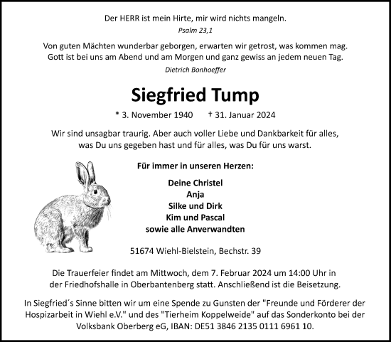 Anzeige von Siegfried Tump von Kölner Stadt-Anzeiger / Kölnische Rundschau / Express