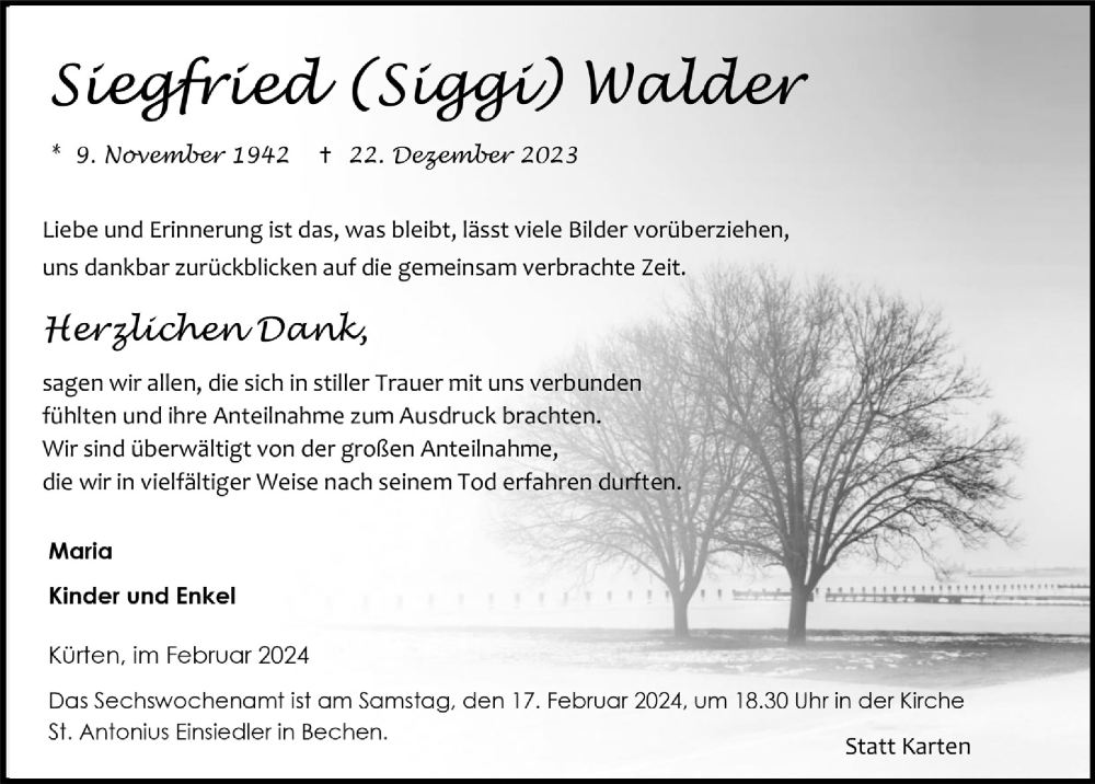  Traueranzeige für Siegfried Walder vom 02.02.2024 aus  Bergisches Handelsblatt 
