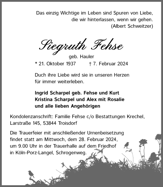 Anzeige von Siegruth Fehse von Kölner Stadt-Anzeiger / Kölnische Rundschau / Express