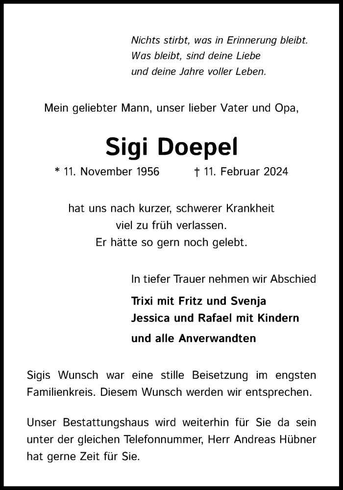 Traueranzeige für Sigi Doepel vom 24.02.2024 aus Kölner Stadt-Anzeiger / Kölnische Rundschau / Express