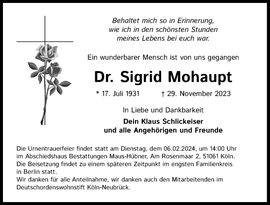 Anzeige von Sigrid Mohaupt von Kölner Stadt-Anzeiger / Kölnische Rundschau / Express