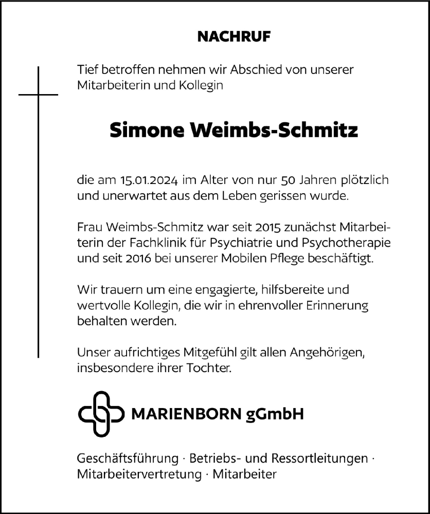  Traueranzeige für Simone Weimbs-Schmitz vom 03.02.2024 aus  Blickpunkt Euskirchen 
