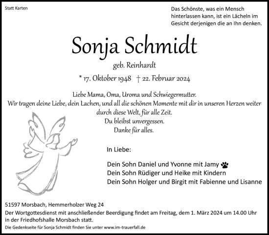 Anzeige von Sonja Schmidt von Kölner Stadt-Anzeiger / Kölnische Rundschau / Express