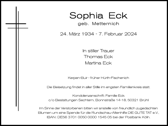 Anzeige von Sophia Eck von Kölner Stadt-Anzeiger / Kölnische Rundschau / Express