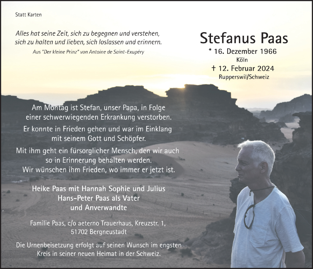  Traueranzeige für Stefanus Paas vom 16.02.2024 aus  Anzeigen Echo 