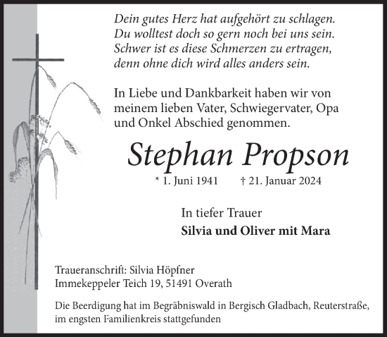 Anzeige von Stephan Propson von  Bergisches Handelsblatt 