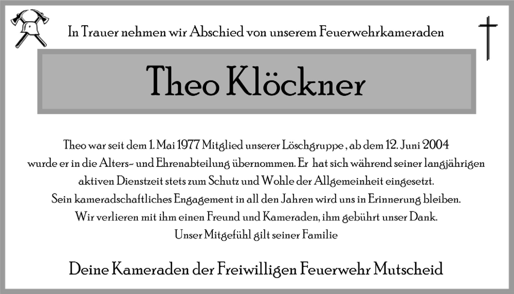  Traueranzeige für Theo Klöckner vom 10.02.2024 aus  Blickpunkt Euskirchen 